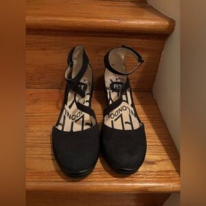 Fly London | Women’s Black Nubuck Ankle Strap Mary Jane Wedge Plan717 Size 39 8